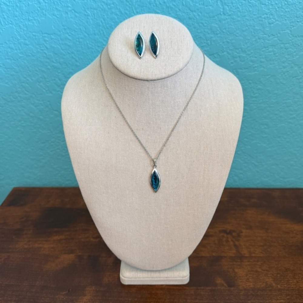 Abalone Shell Necklace & Earrings Set Nickel Silver Blue Green Excellent - Picture 1 of 4